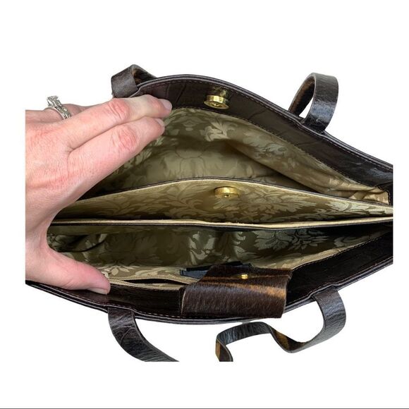 Falor Deep Brown Crocodile Embossed Leather Shoulder Bag Purse Calf Hair Strap - Picture 5 of 13